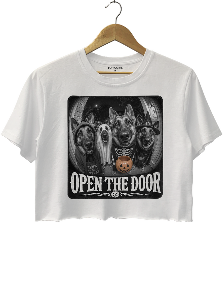 German Shepherd Halloween Open Door Trick Treat Dogs Crop Top