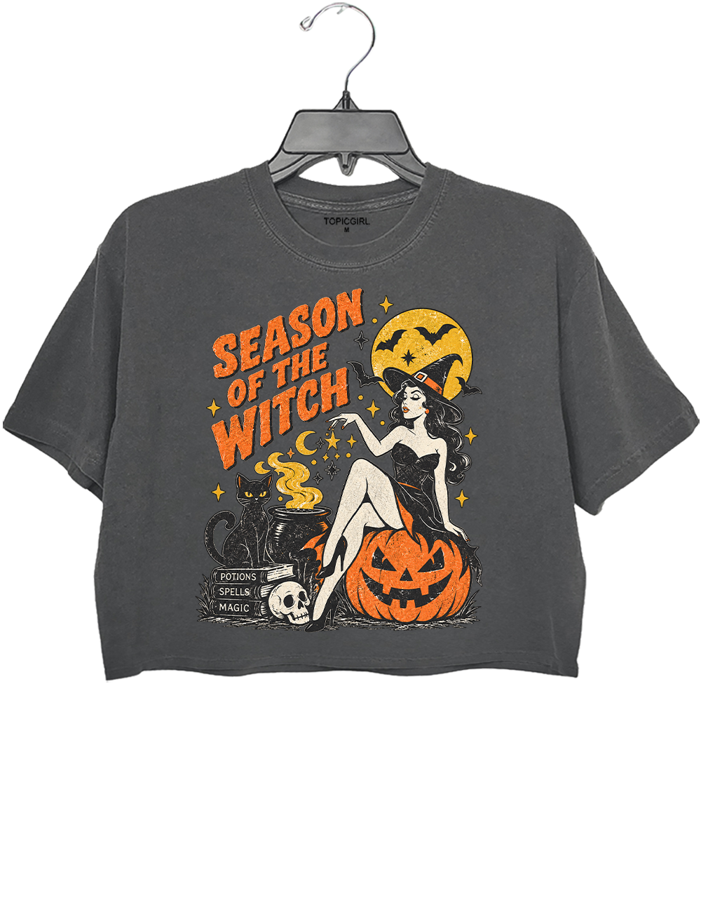 Season of the Witch Vintage Pin-Up Witch Graphic Crop Top
