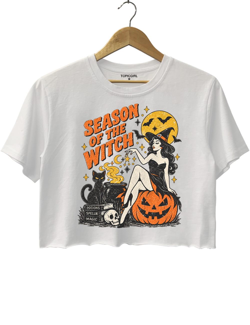 Season of the Witch Vintage Pin-Up Witch Graphic Crop Top