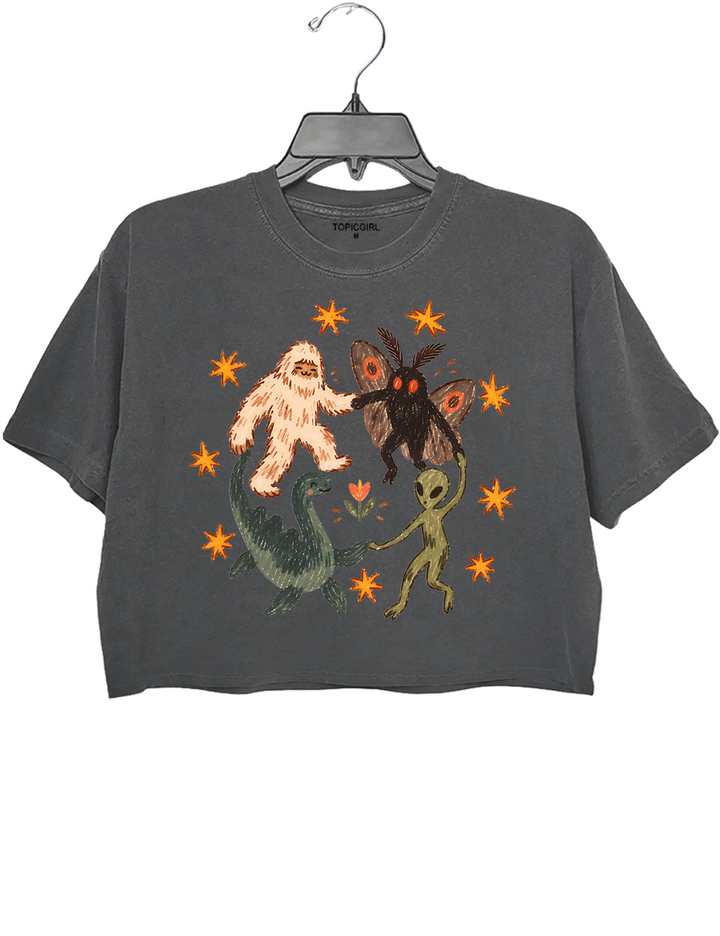 Dancing Cryptids Bigfoot Mothman Loch Ness Monster Aliens Crop Top