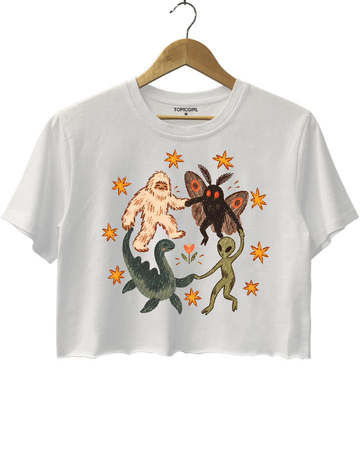 Dancing Cryptids Bigfoot Mothman Loch Ness Monster Aliens Crop Top