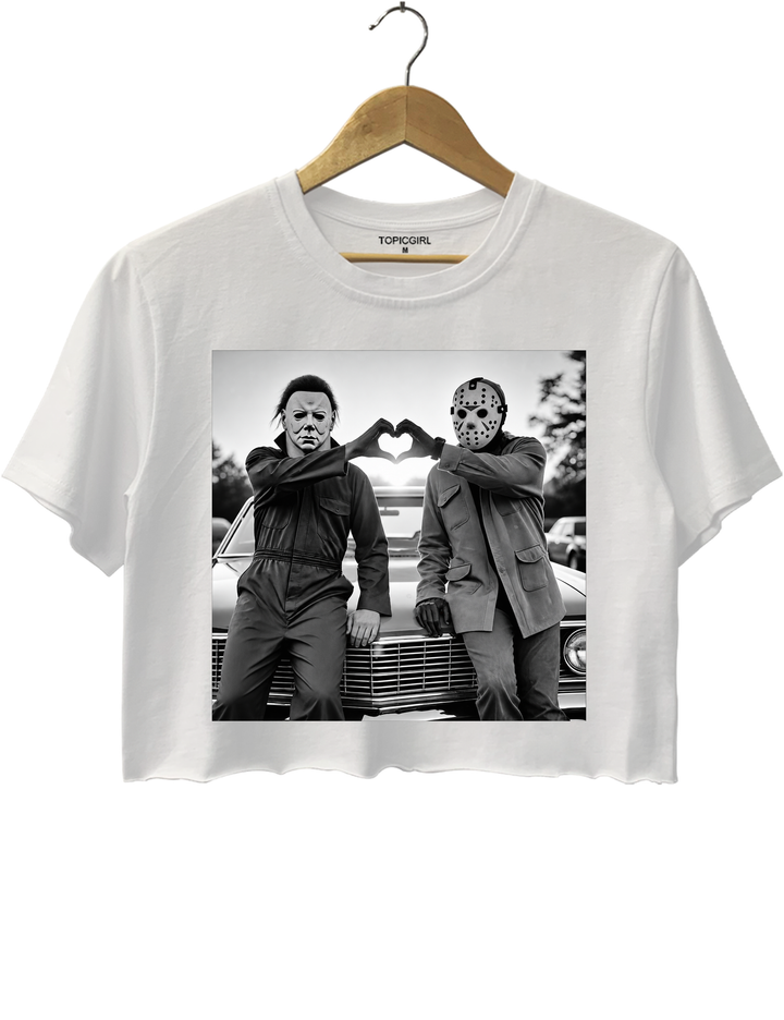 Michael and Jason Heart Hands Halloween Crop Top