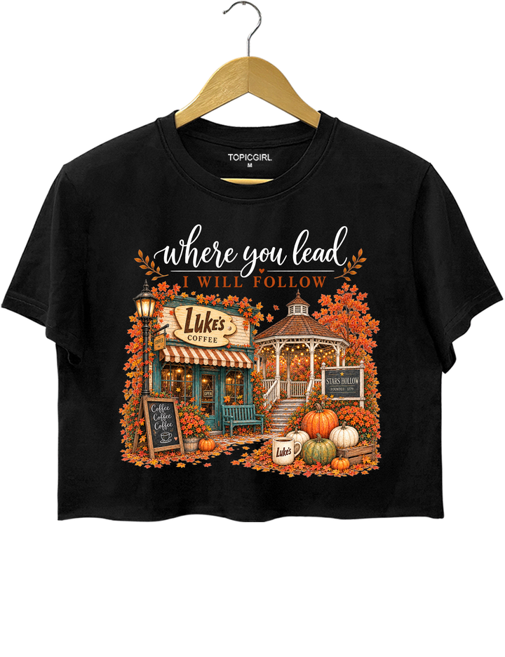 Where You Lead I Will Follow Stars Hollow Autumn Crop Top - Black