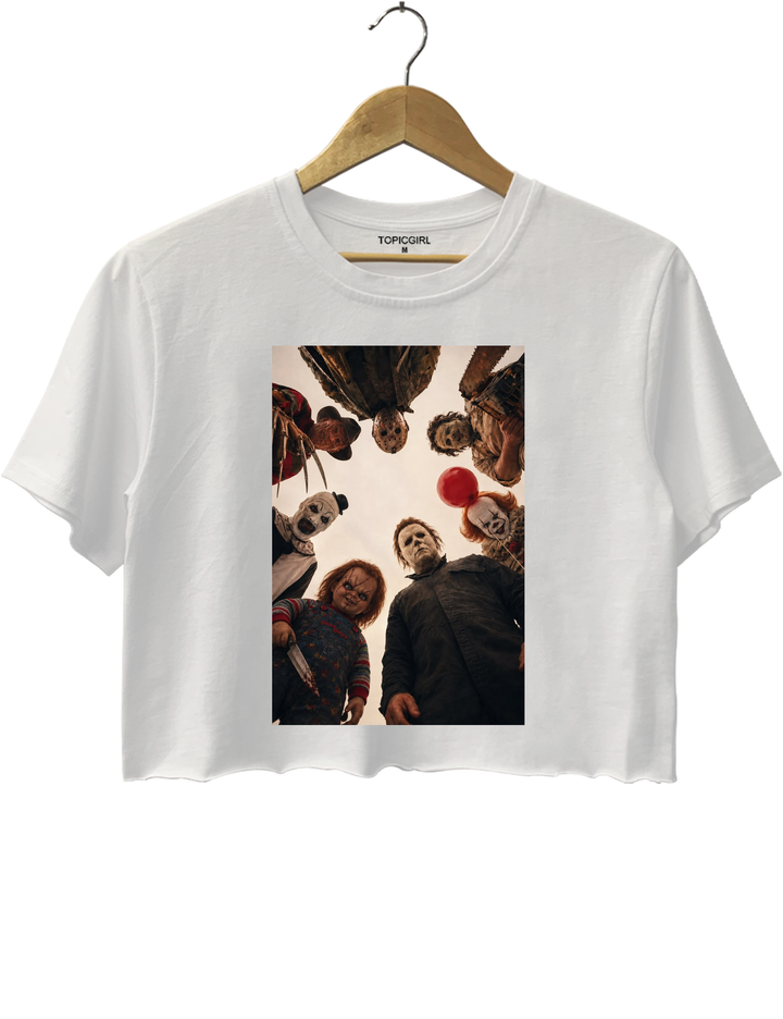 Horror Movie Icons Circle Group Portrait Crop Top - White