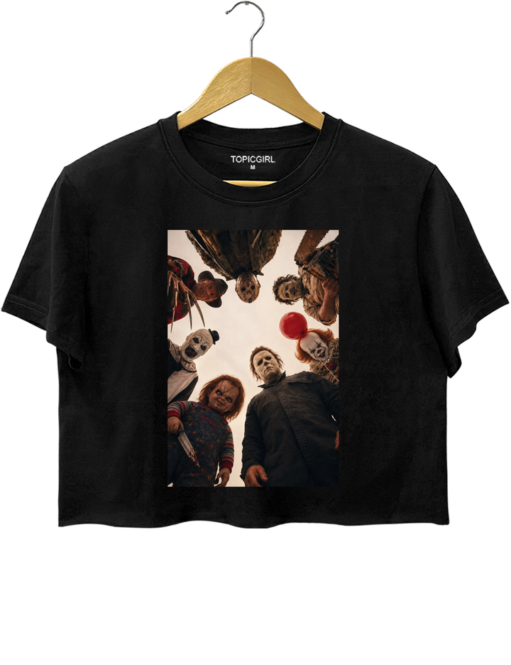 Horror Movie Icons Circle Group Portrait Crop Top - Black
