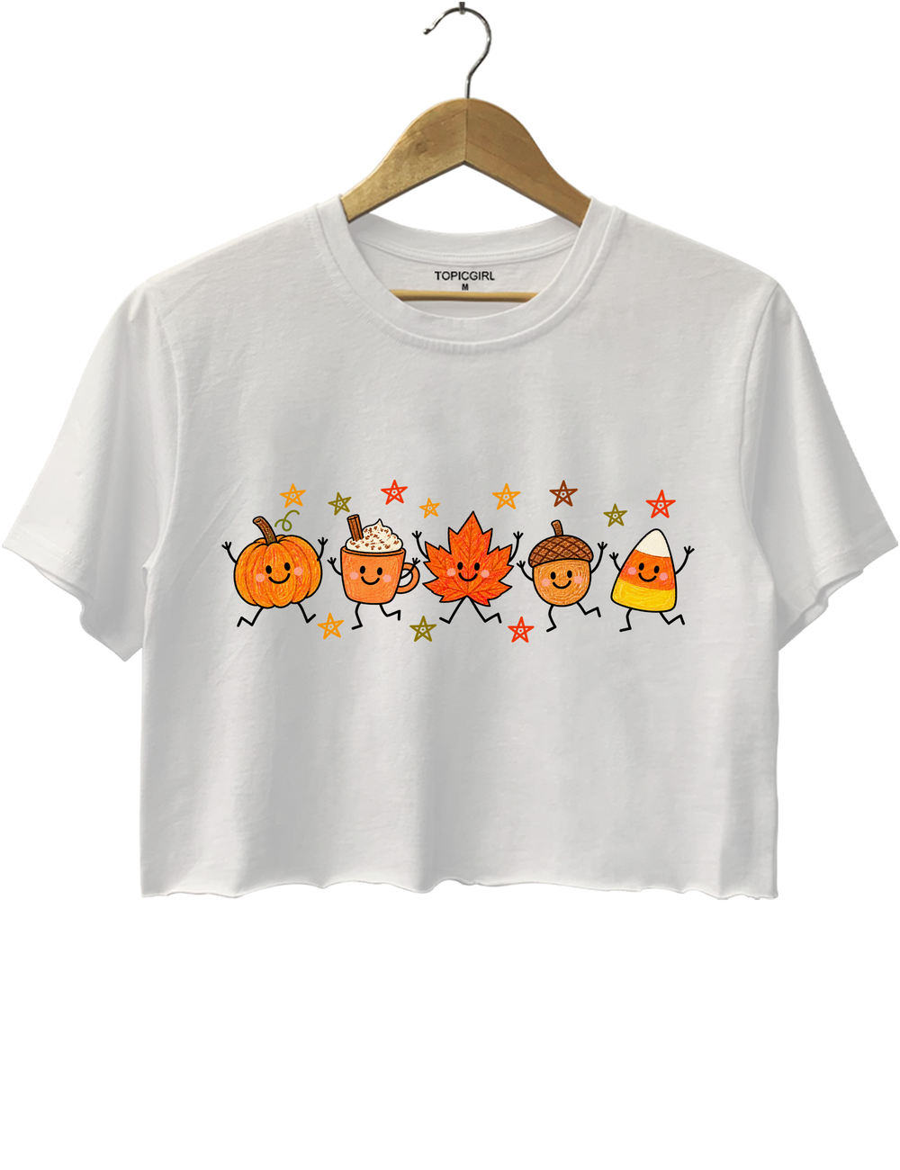 Cute Autumn Pumpkin Drink Maple Leaf Acorn Candy Corn Parade Crop Top - White