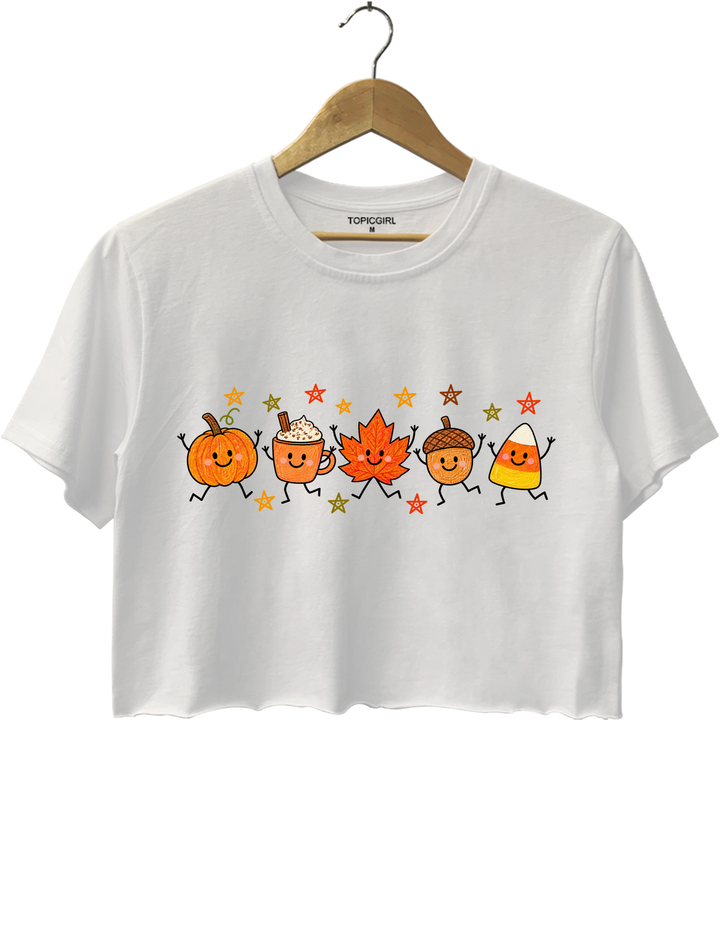 Cute Autumn Pumpkin Drink Maple Leaf Acorn Candy Corn Parade Crop Top - White