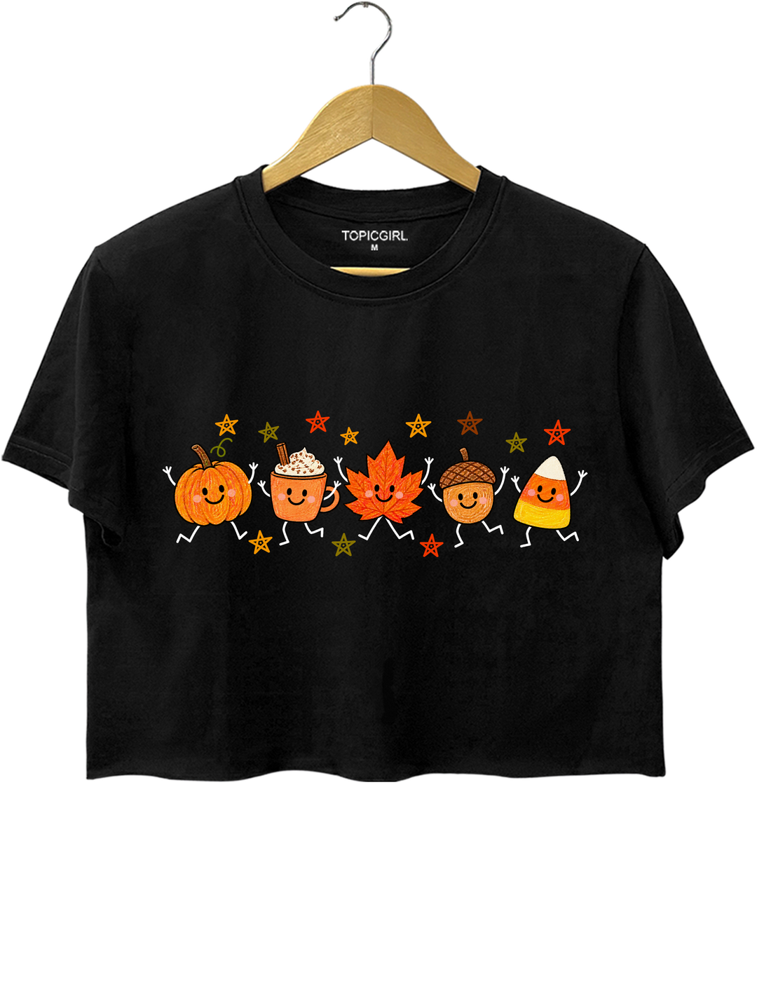 Cute Autumn Pumpkin Drink Maple Leaf Acorn Candy Corn Parade Crop Top - Black