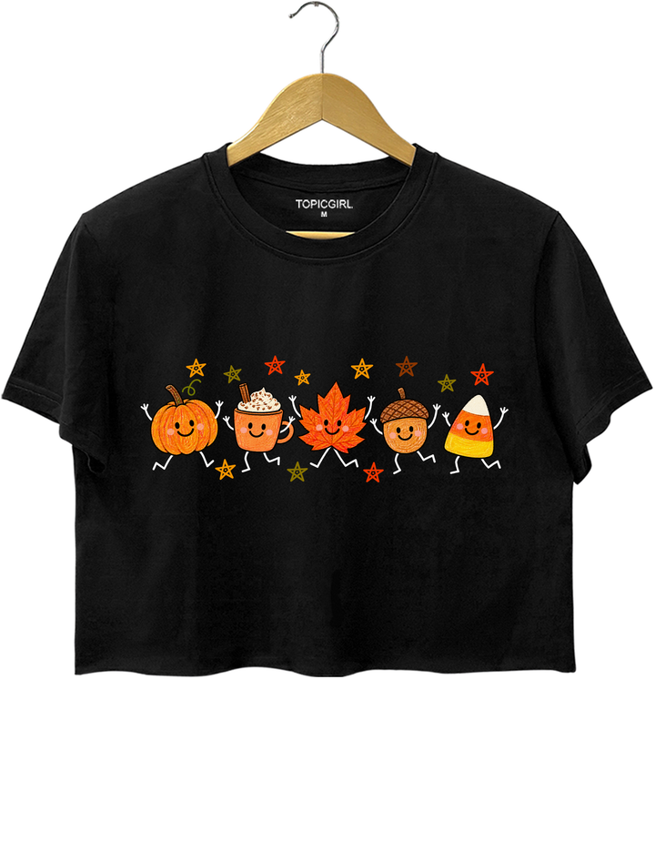 Cute Autumn Pumpkin Drink Maple Leaf Acorn Candy Corn Parade Crop Top - Black
