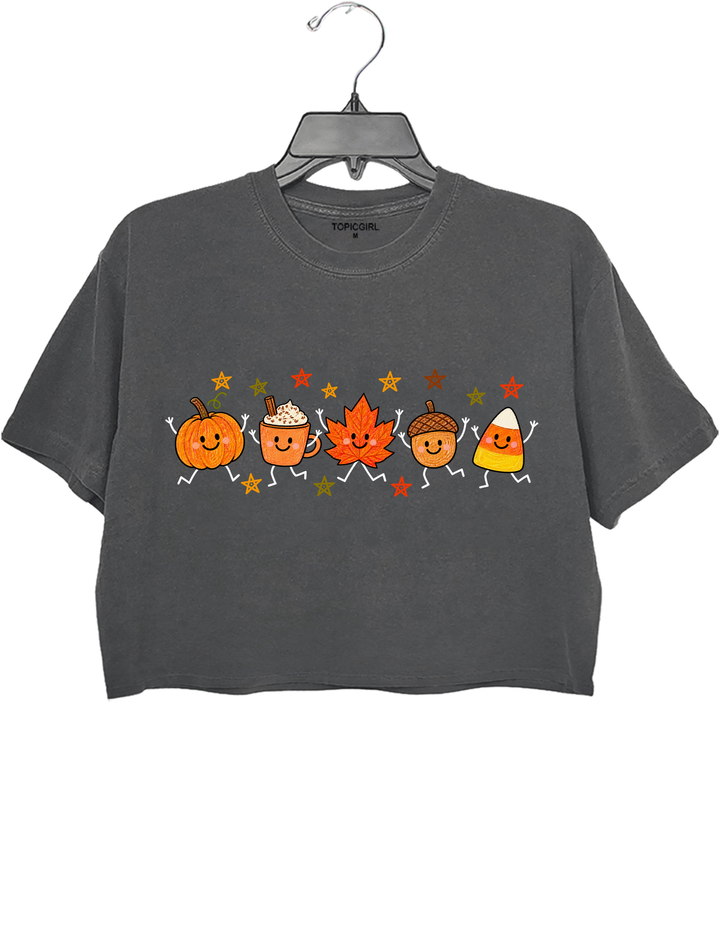 Cute Autumn Pumpkin Drink Maple Leaf Acorn Candy Corn Parade Crop Top - Gray