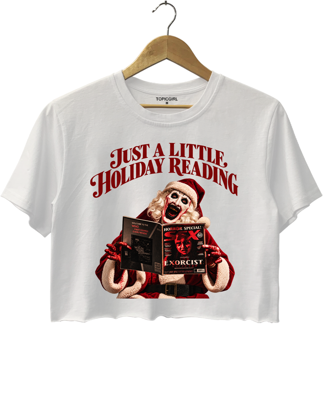 Just a Little Holiday Reading Horror Santa Crop Top - White