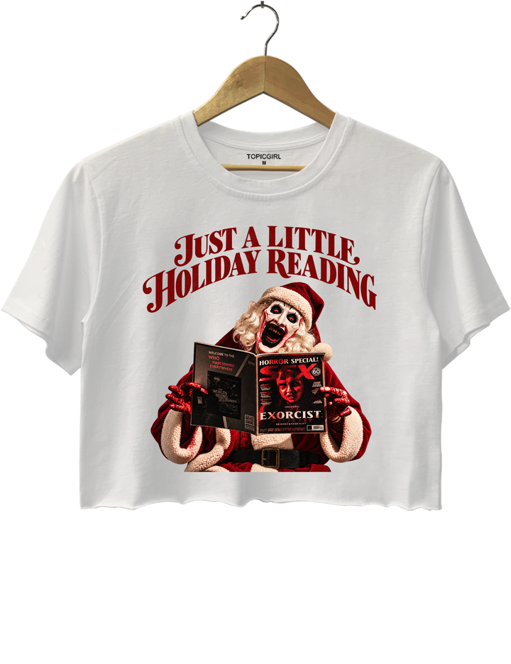 Just a Little Holiday Reading Horror Santa Crop Top - White