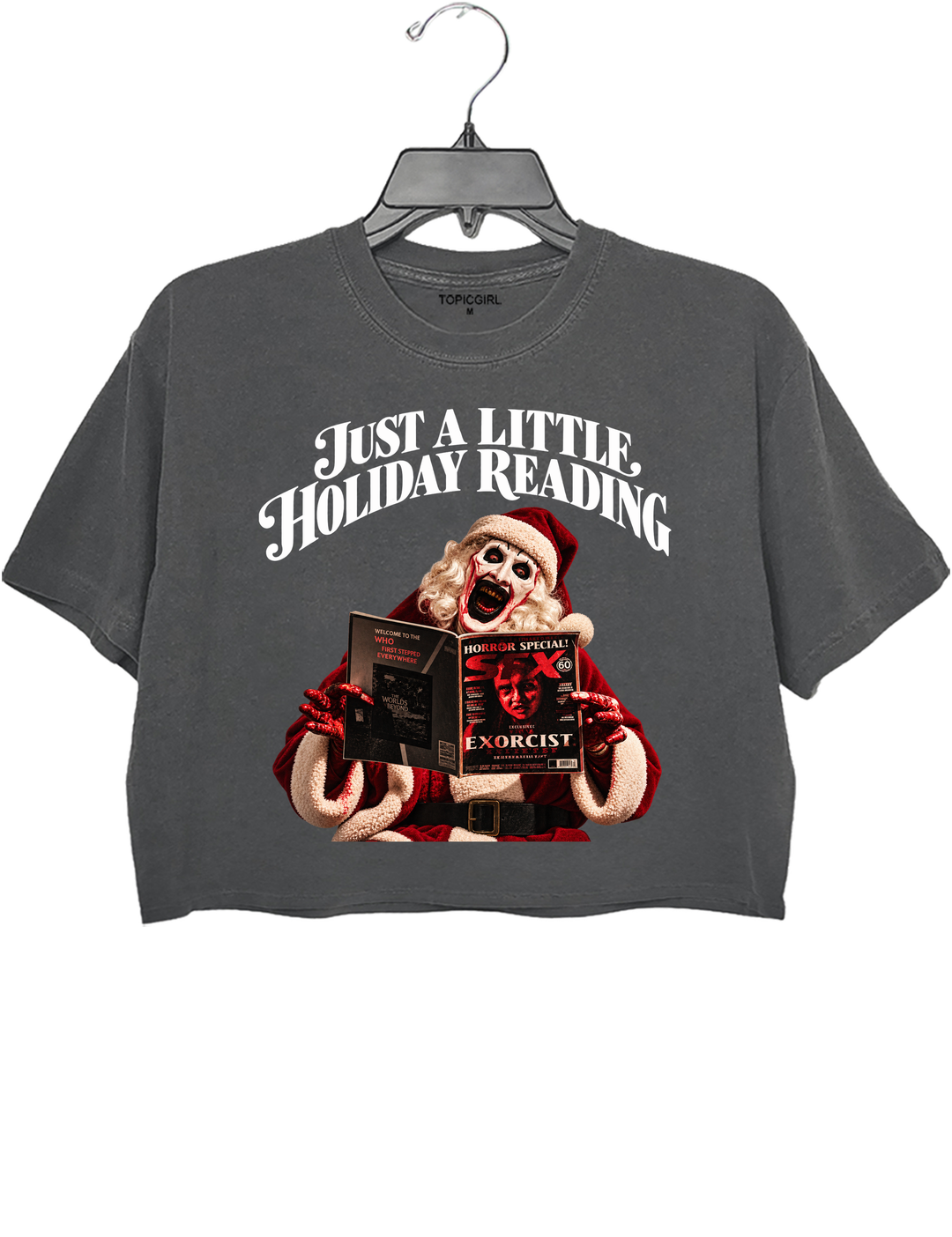 Just a Little Holiday Reading Horror Santa Crop Top - Gray
