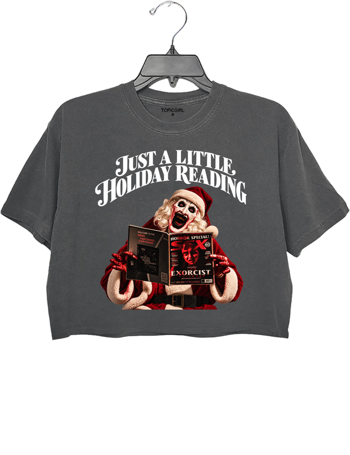 Just a Little Holiday Reading Horror Santa Crop Top - Gray