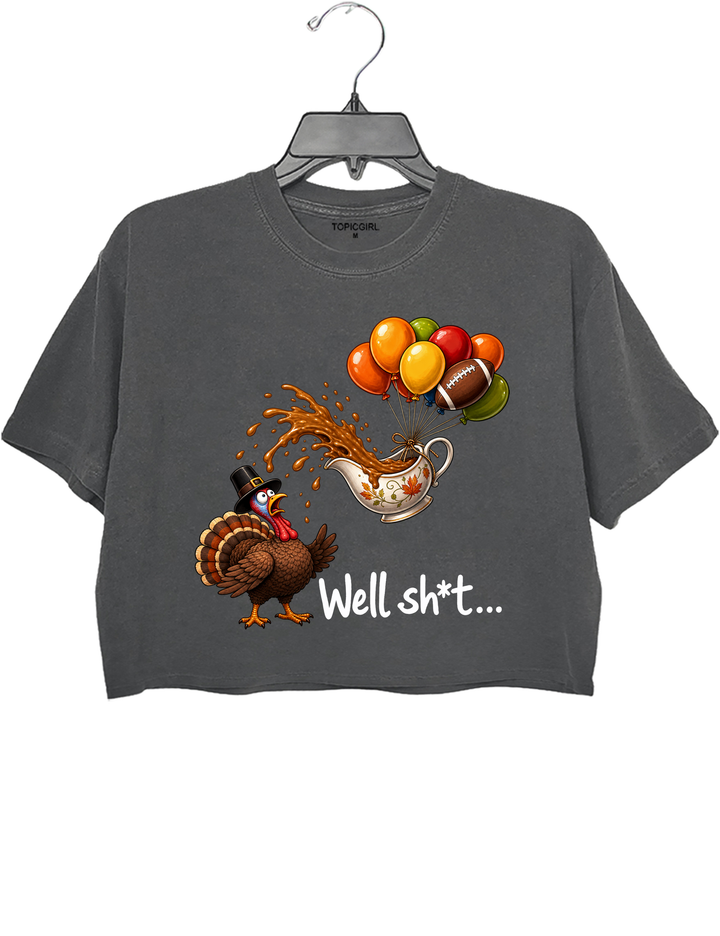 Well Sht Turkey and Flying Gravy Boat Crop Top - Gray