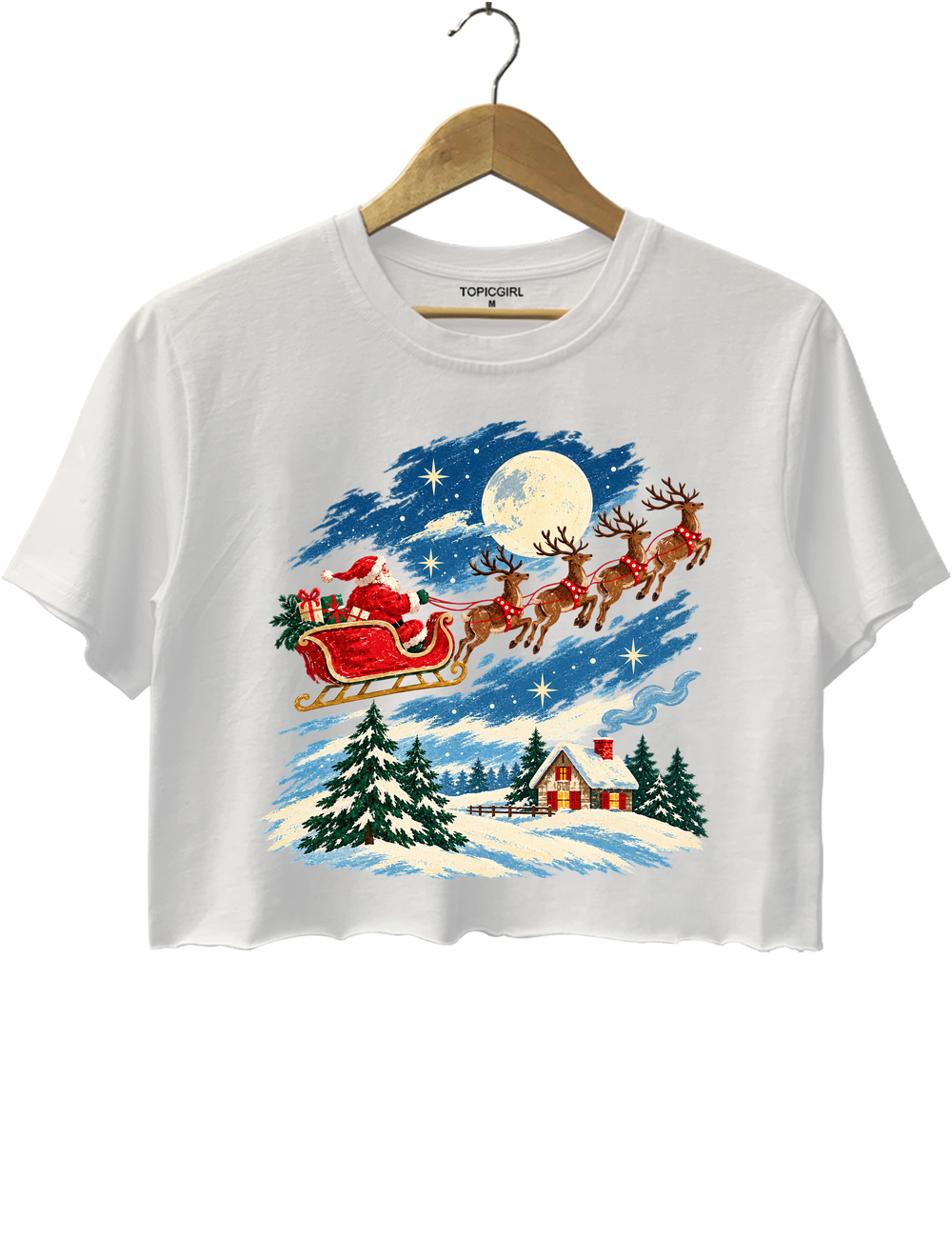 Vintage Watercolor Santa Sleigh Christmas Night Crop Top - White