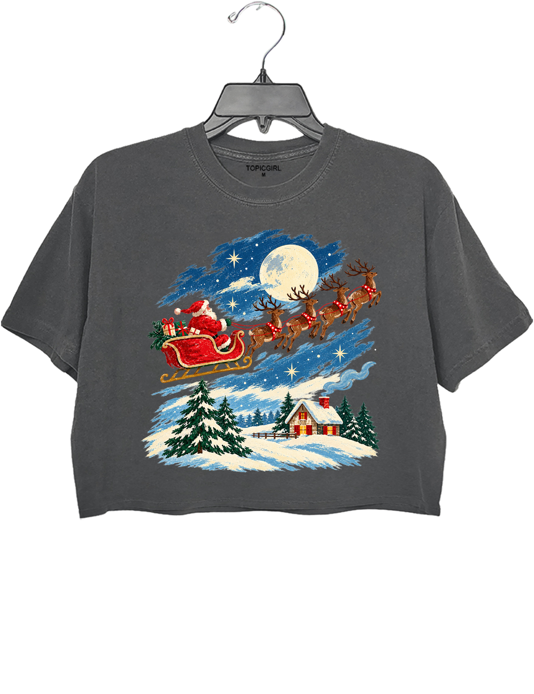 Vintage Watercolor Santa Sleigh Christmas Night Crop Top - Gray