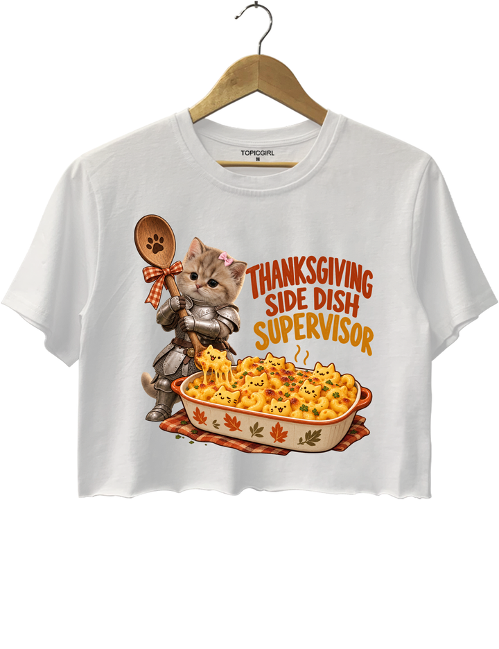 Thanksgiving Side Dish Supervisor Knight Kitten Mac and Cheese Crop Top - White