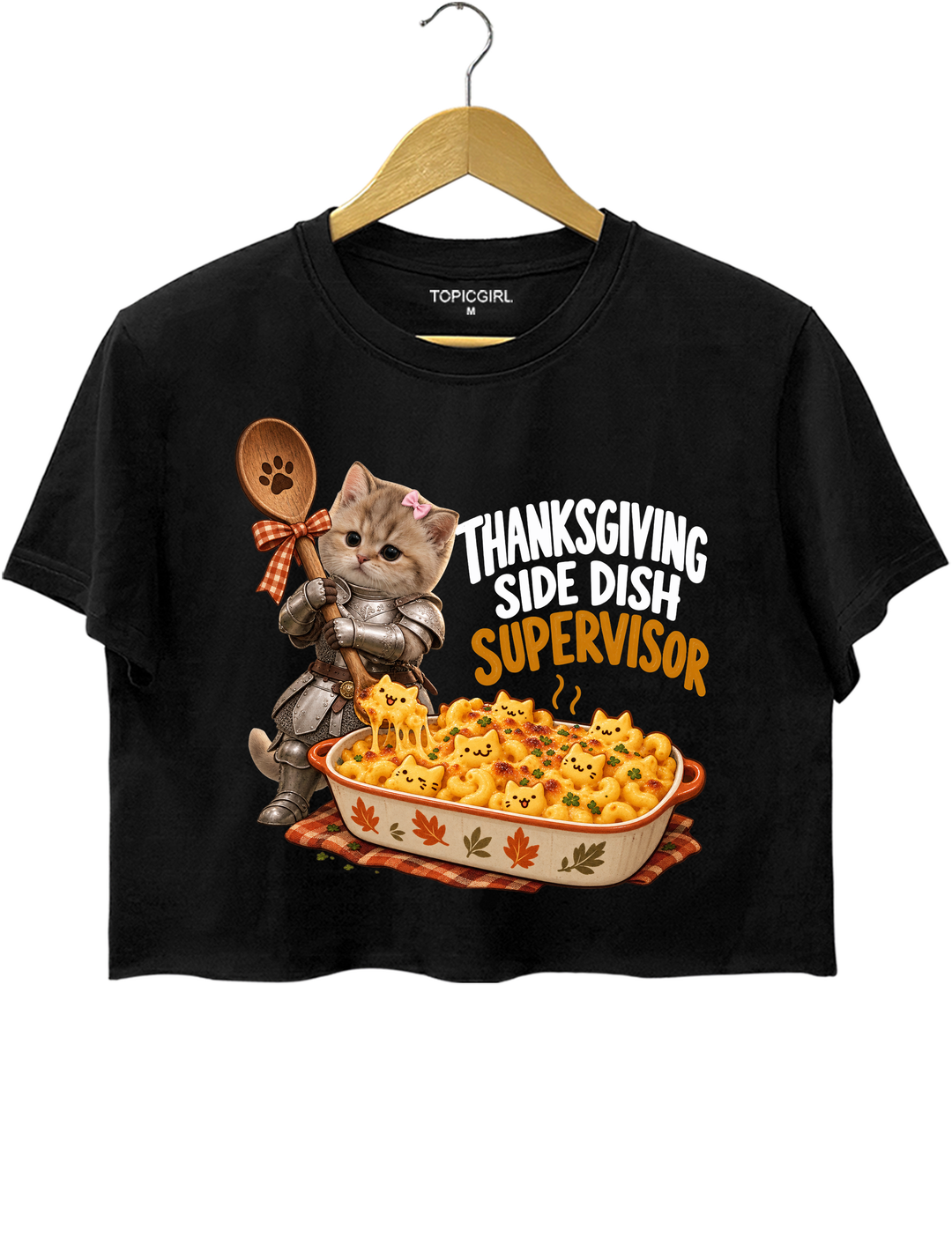 Thanksgiving Side Dish Supervisor Knight Kitten Mac and Cheese Crop Top - Black