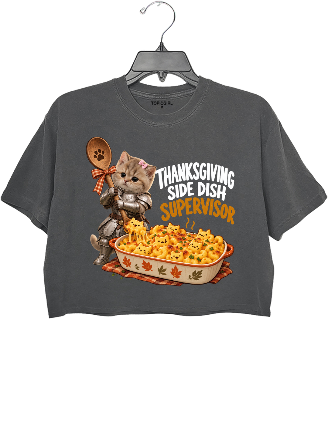 Thanksgiving Side Dish Supervisor Knight Kitten Mac and Cheese Crop Top - Gray