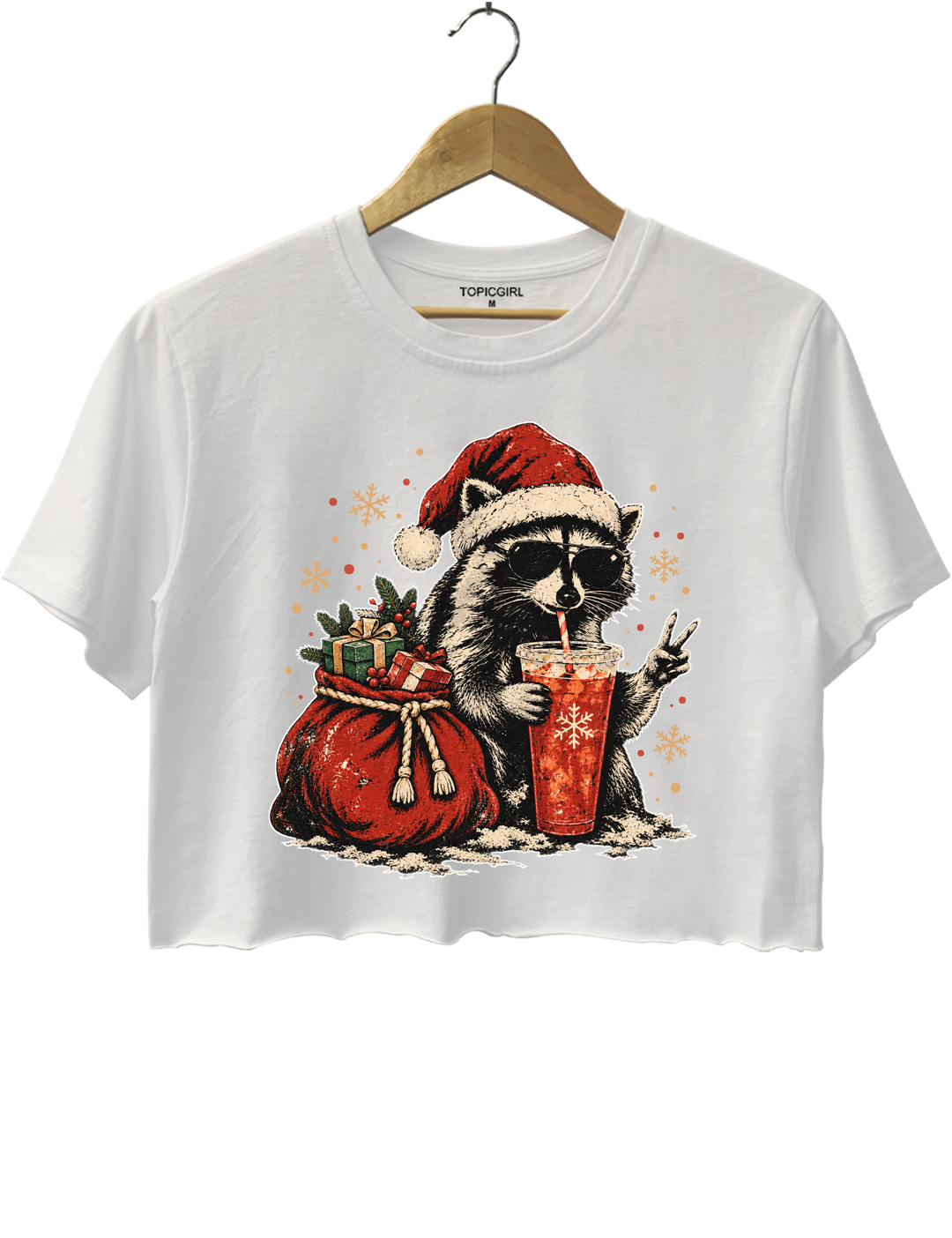 Vintage Christmas Raccoon Crop Top - White