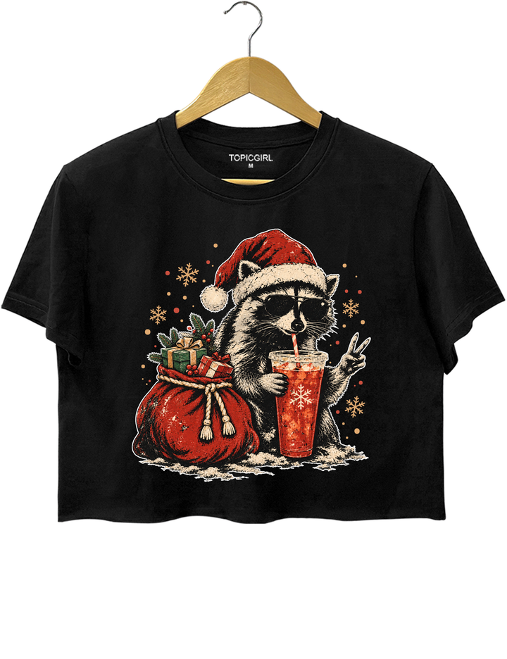 Vintage Christmas Raccoon Crop Top - Black