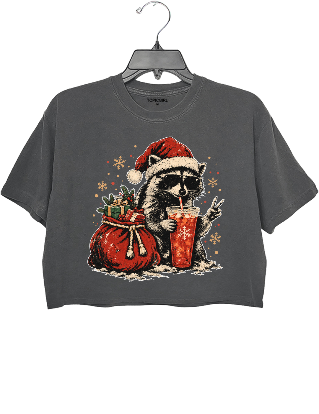 Vintage Christmas Raccoon Crop Top - Gray