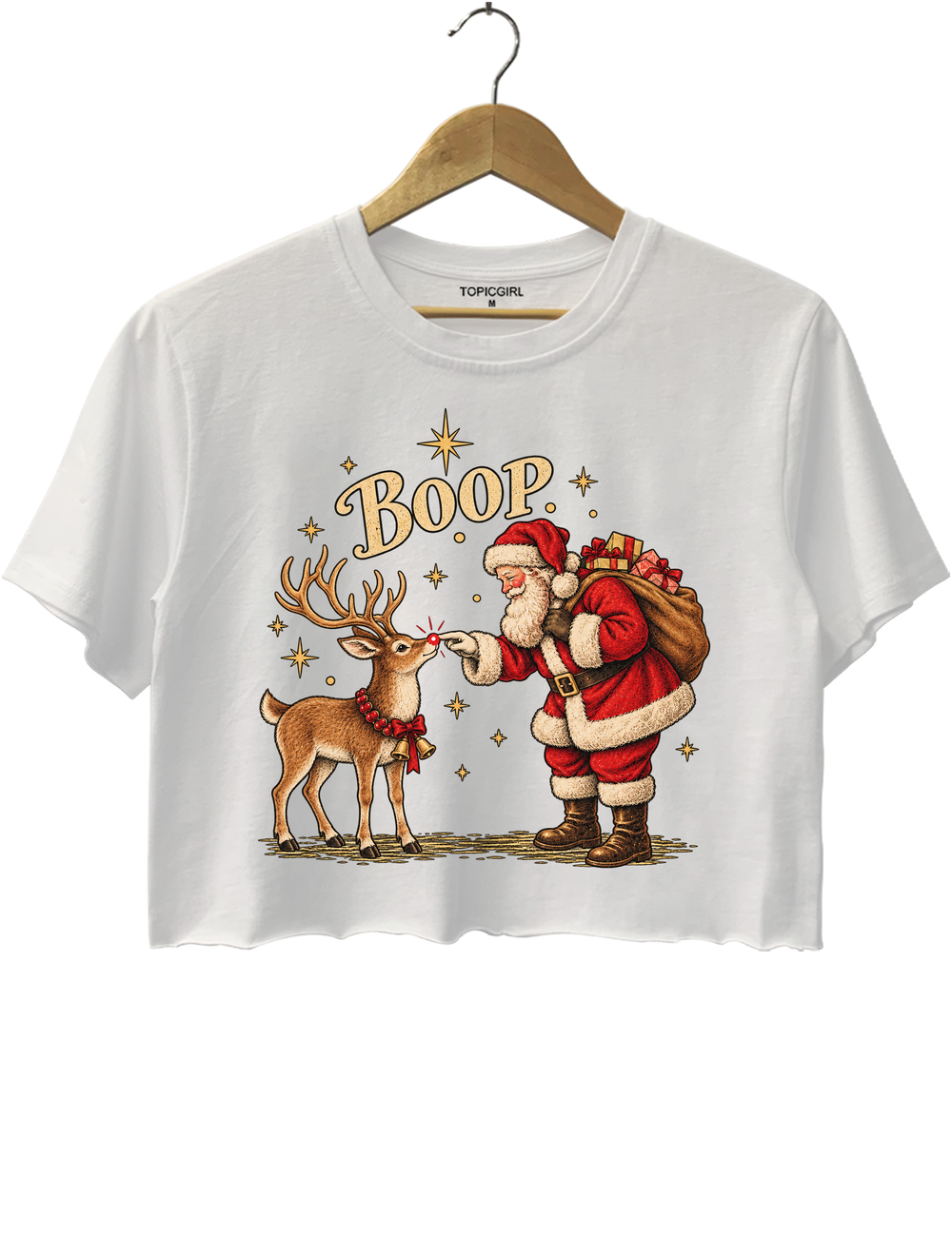 Boop Vintage Santa Claus and Red Nosed Reindeer Crop Top - White