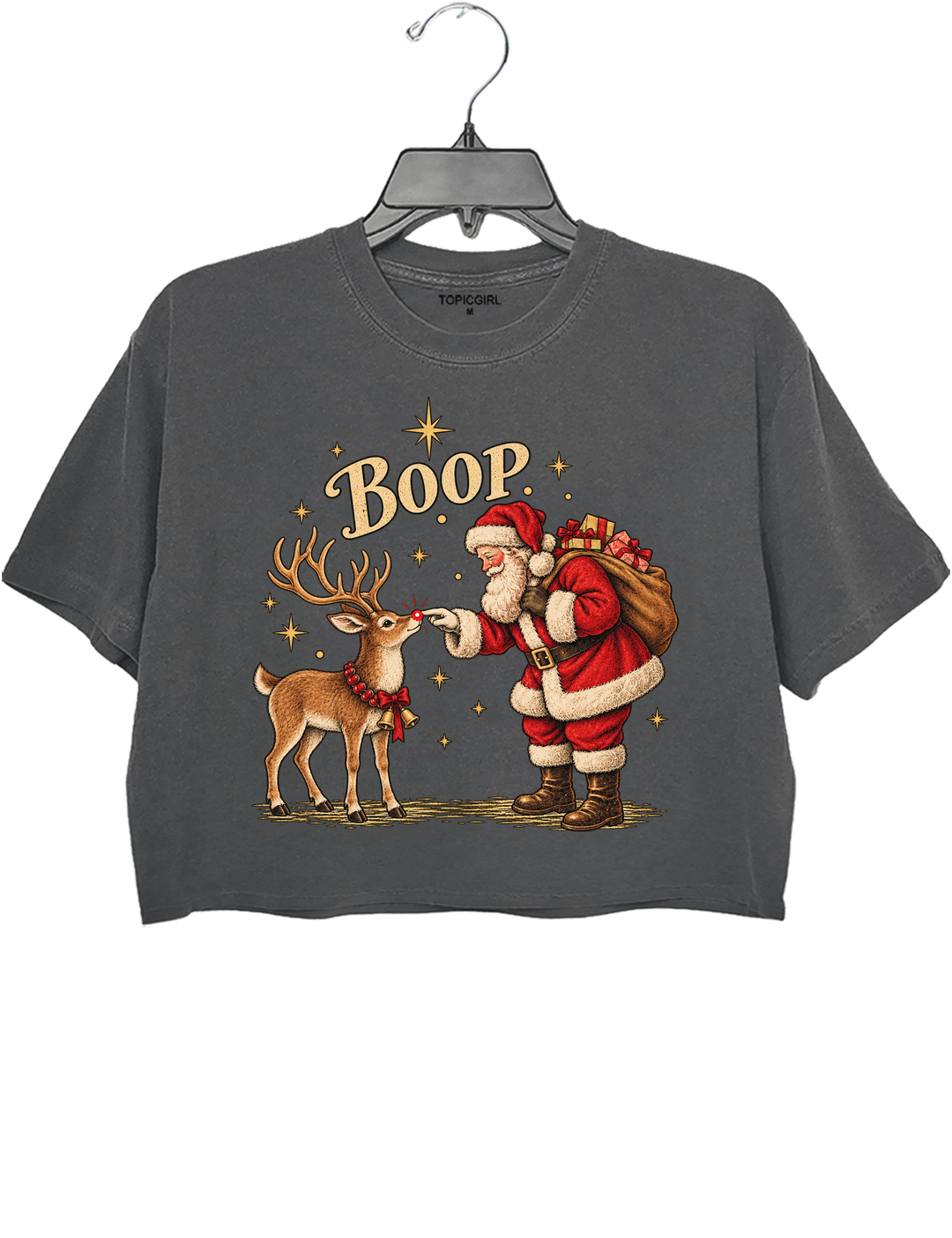 Boop Vintage Santa Claus and Red Nosed Reindeer Crop Top - Gray
