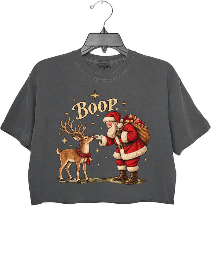 Boop Vintage Santa Claus and Red Nosed Reindeer Crop Top - Gray