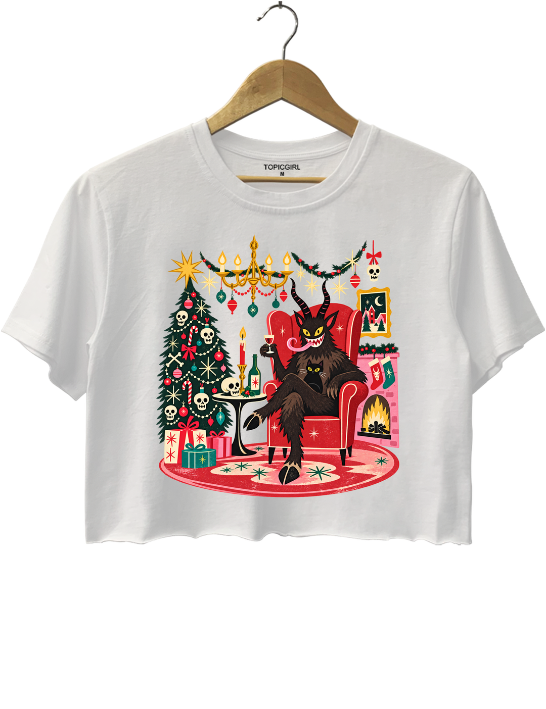 Retro Christmas Krampus with Black Cat and Wine Crop Top - White