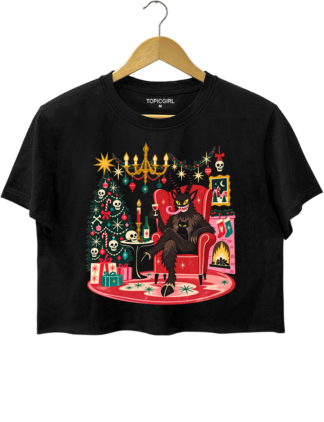 Retro Christmas Krampus with Black Cat and Wine Crop Top - Black