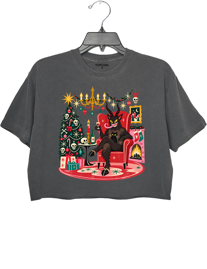 Retro Christmas Krampus with Black Cat and Wine Crop Top - Gray