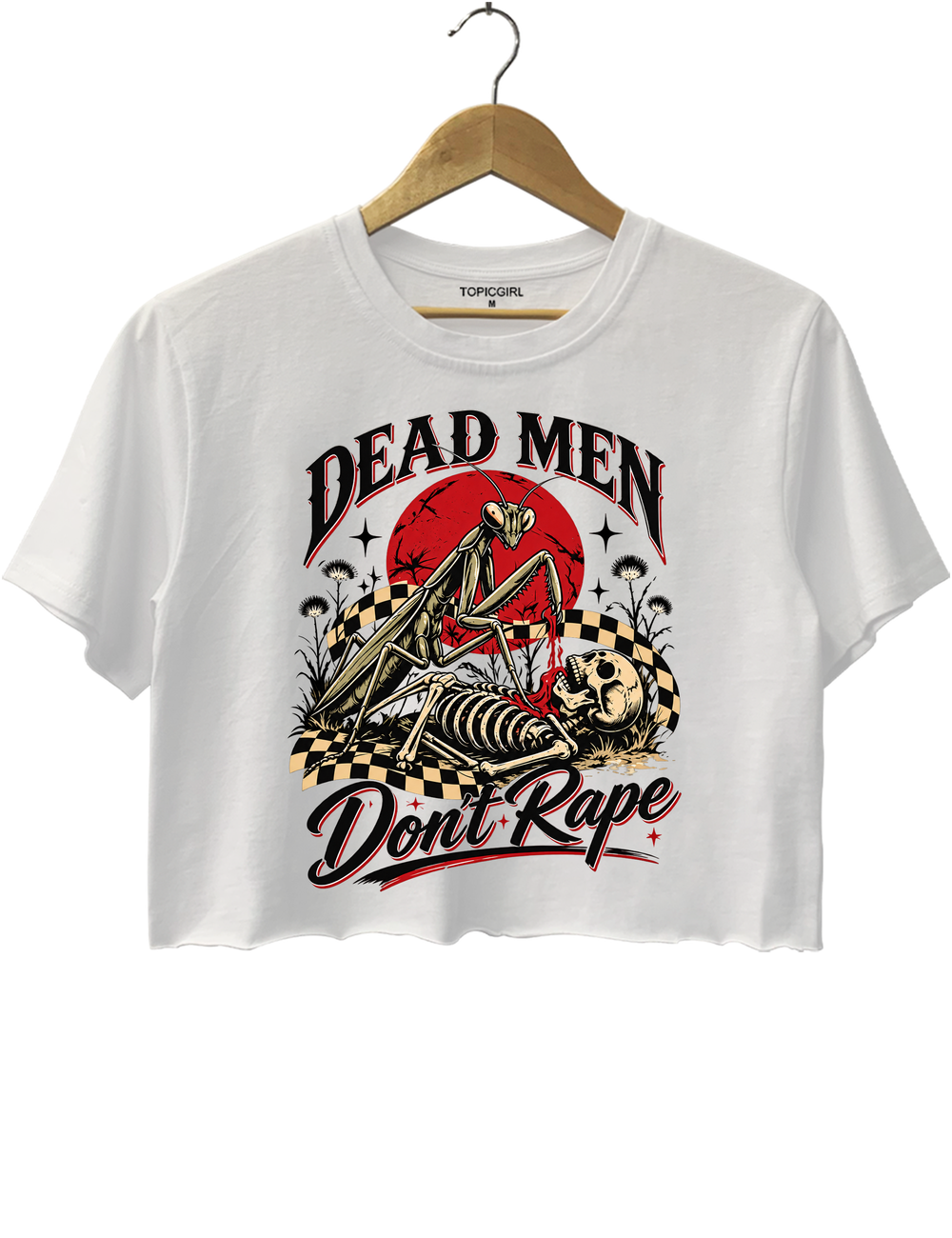 Dead Men Don't Rape Mantis and Skeleton Crop Top - White