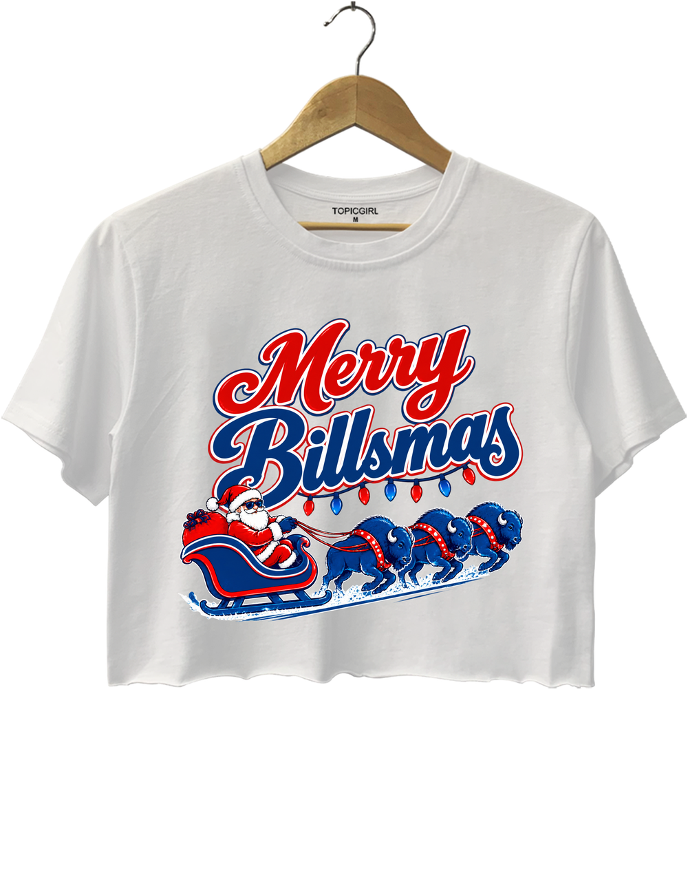 Merry Billsmas Santa Sleigh with Blue Buffalo Crop Top - White