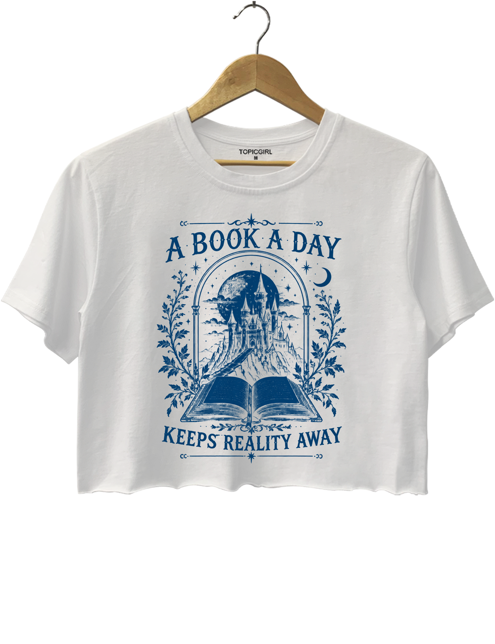 A Book a Day Keeps Reality Away Fantasy Castle Crop Top - White
