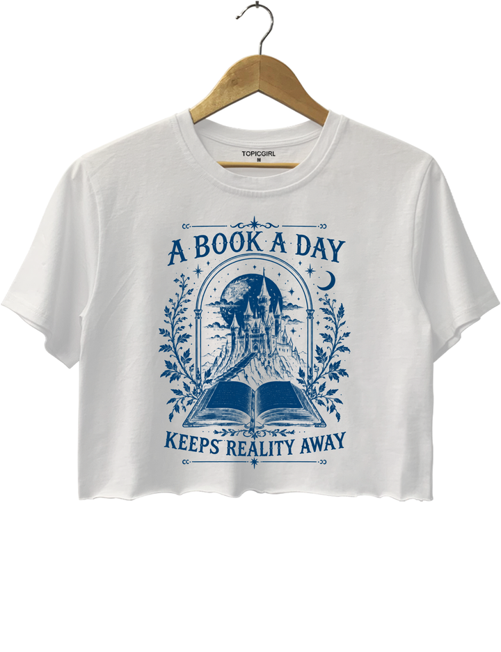 A Book a Day Keeps Reality Away Fantasy Castle Crop Top - White