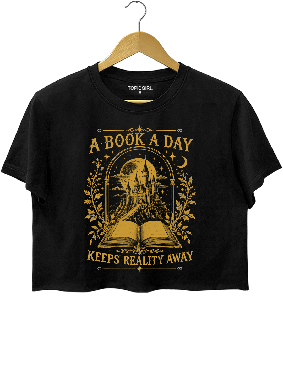 A Book a Day Keeps Reality Away Fantasy Castle Crop Top - Black