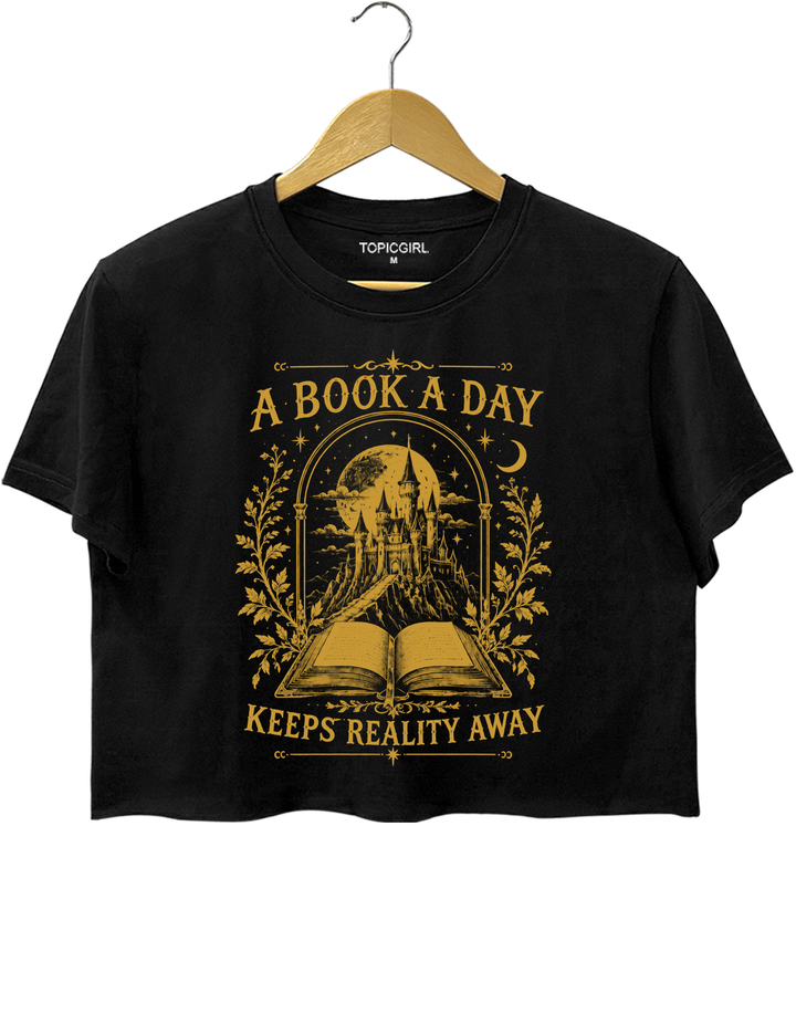 A Book a Day Keeps Reality Away Fantasy Castle Crop Top - Black