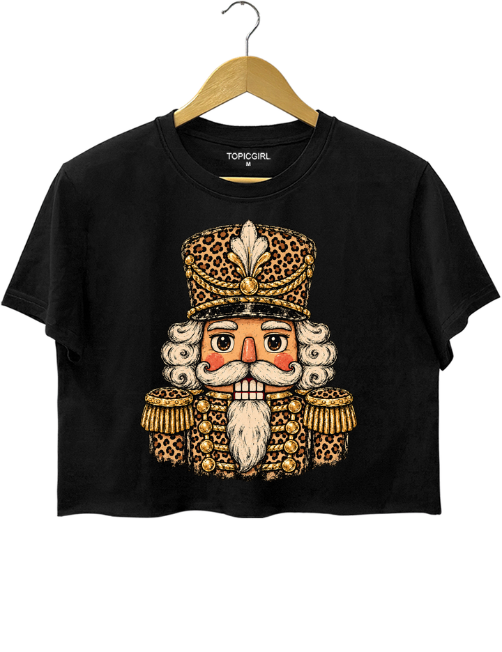 Vintage Leopard Print Nutcracker Soldier Crop Top - Black