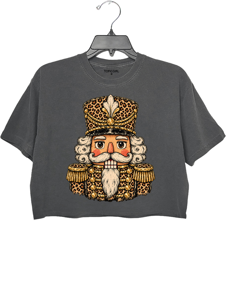 Vintage Leopard Print Nutcracker Soldier Crop Top - Gray