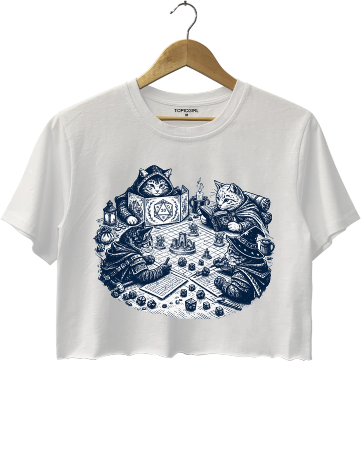 Cats Playing Tabletop RPG DND Crop Top - White