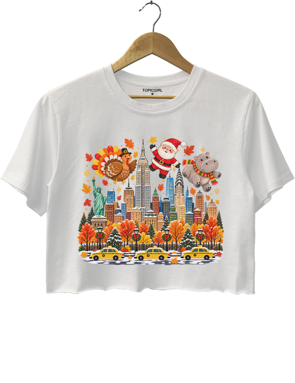 Thanksgiving Turkey Santa and Hippo Crop Top - White