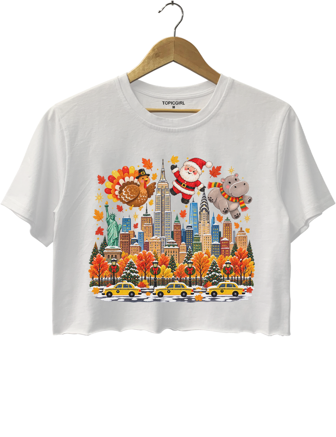 Thanksgiving Turkey Santa and Hippo Crop Top - White