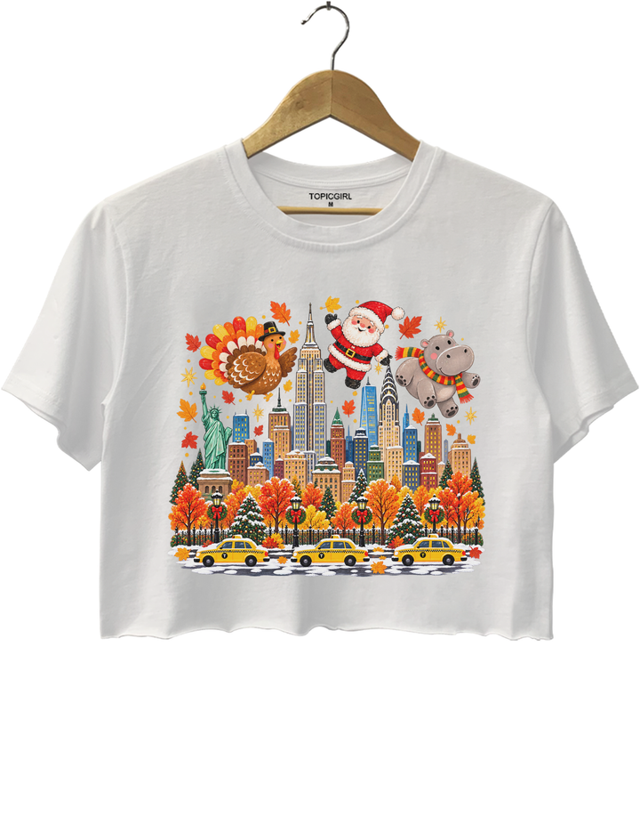 Thanksgiving Turkey Santa and Hippo Crop Top - White