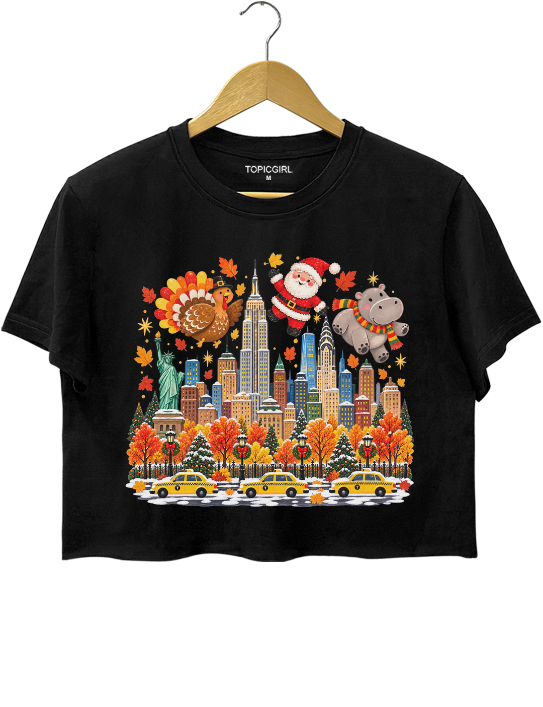 Thanksgiving Turkey Santa and Hippo Crop Top - Black