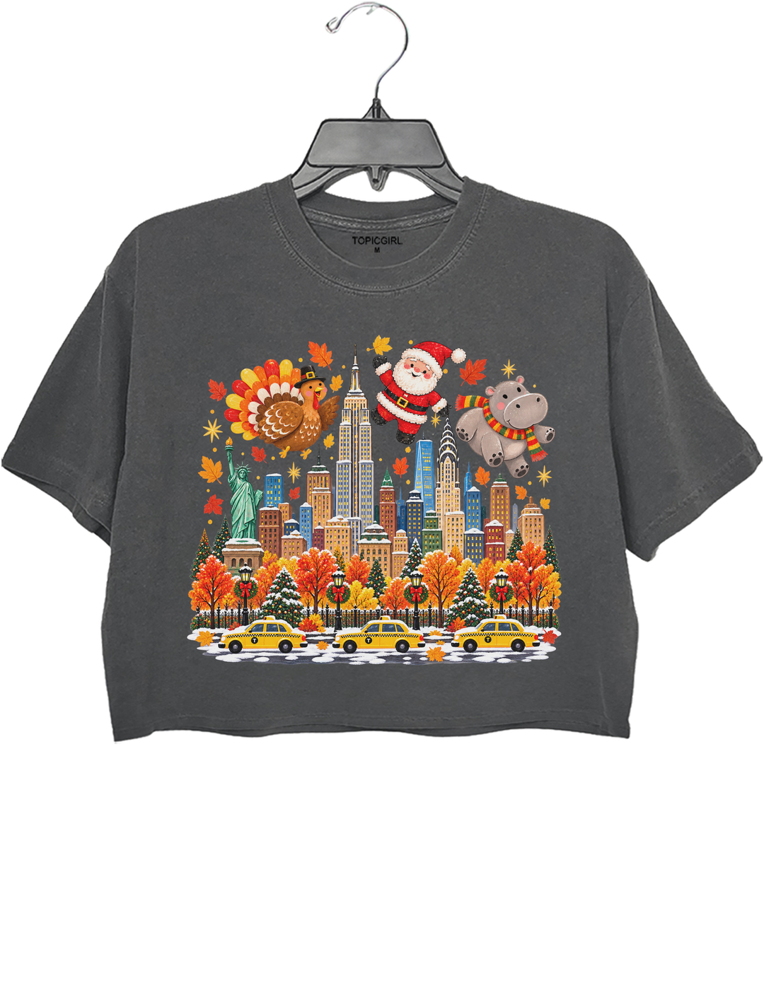 Thanksgiving Turkey Santa and Hippo Crop Top - Gray